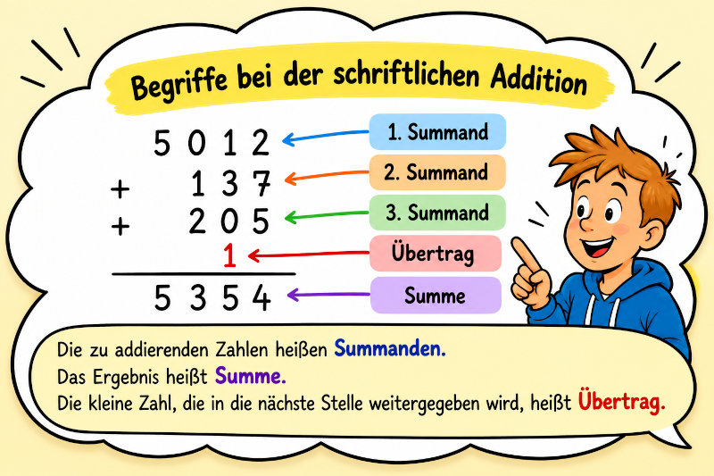 Begriffe bei der schriftlichen Addition: Summanden, Übertrag und Summe